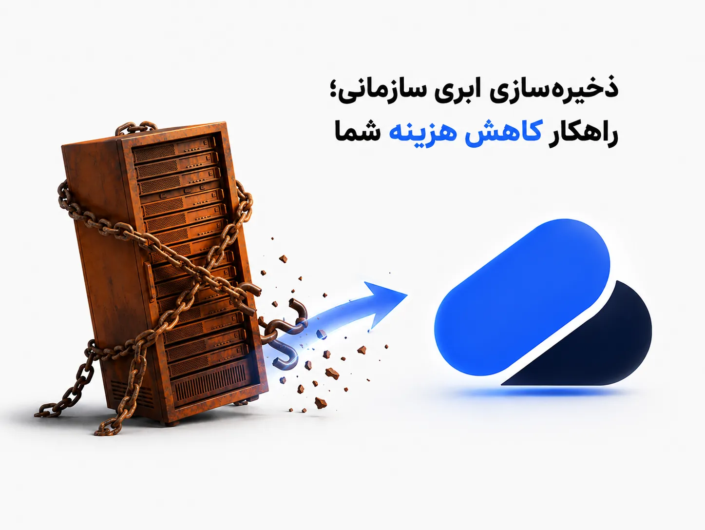 تصویر مفهومی فضای ذخیره سازی ابری سازمانی که انتقال از سرور قدیمی و محدود به زیرساخت ابری مدرن را برای کاهش هزینه سازمان نشان می‌دهد.