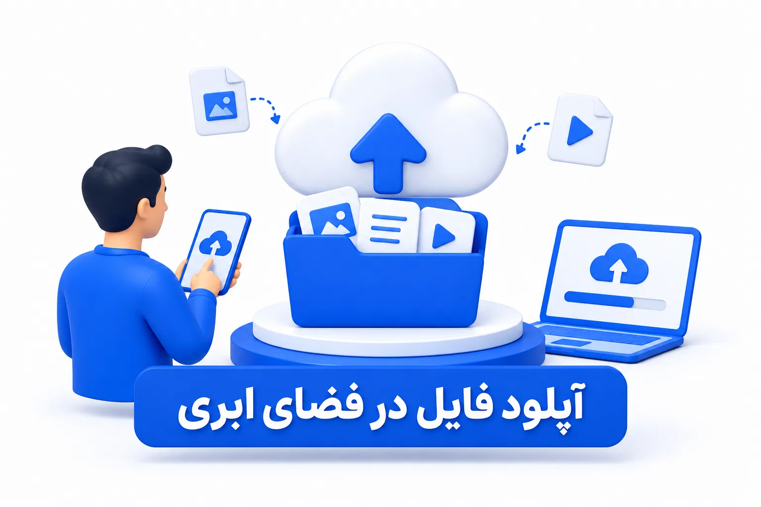 ابروفایل - آپلود فایل در فضای ابری - تصویر سه‌بعدی مفهومی آپلود فایل با پوشه، آیکون ابر و فلش آپلود در کنار لپ‌تاپ و گوشی